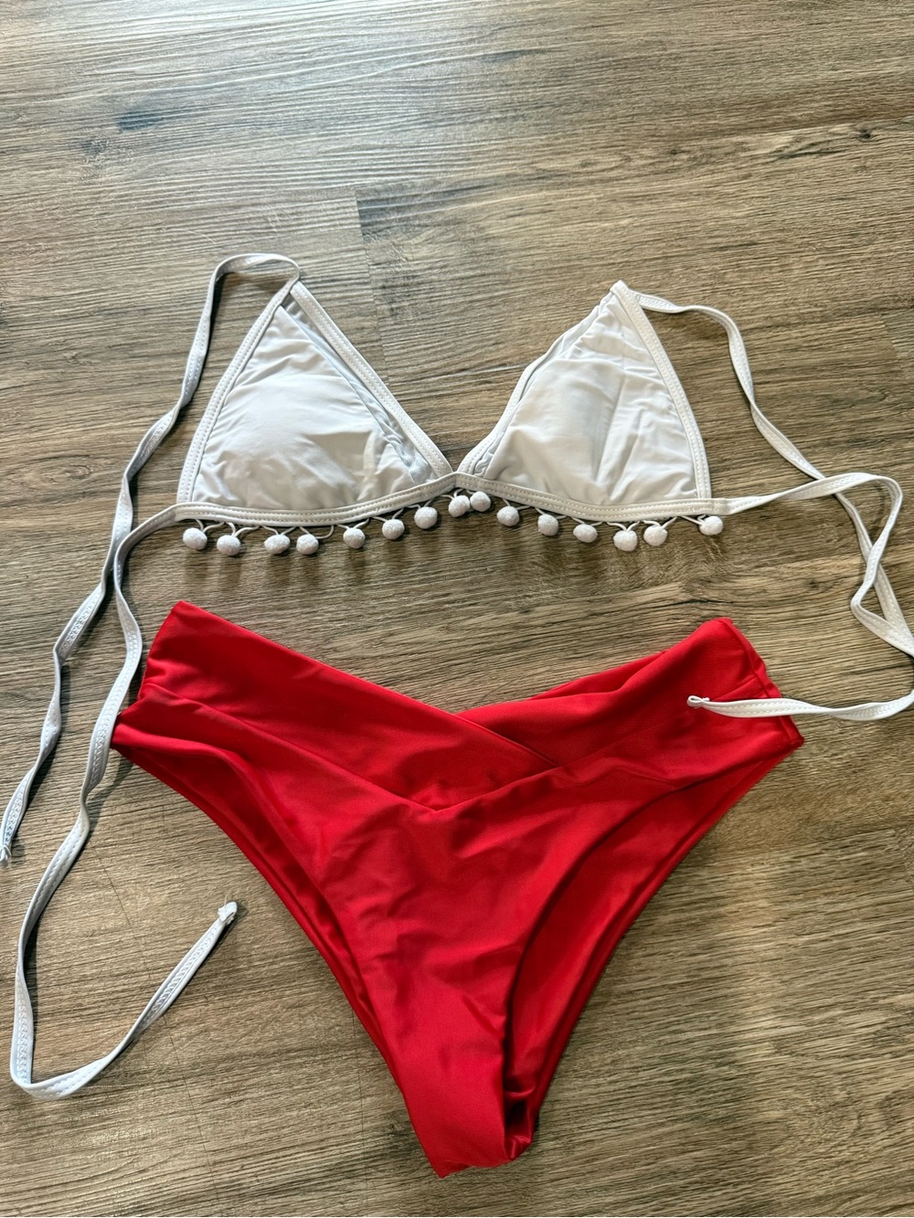 Target White Pom-Trim Triangle Bikini Top with Red V-Waist Bottoms